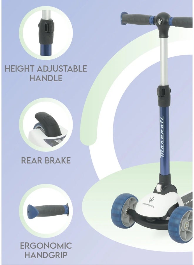 DAT Maserati Kids 3-Wheel Scooter with Flashing PU Wheels, Lean-to-Steer, Foldable Design, Height Adjustable Handlebar, Rear Brake, 48 kg Capacity (58 x 32 x 70 cm) - Image 4